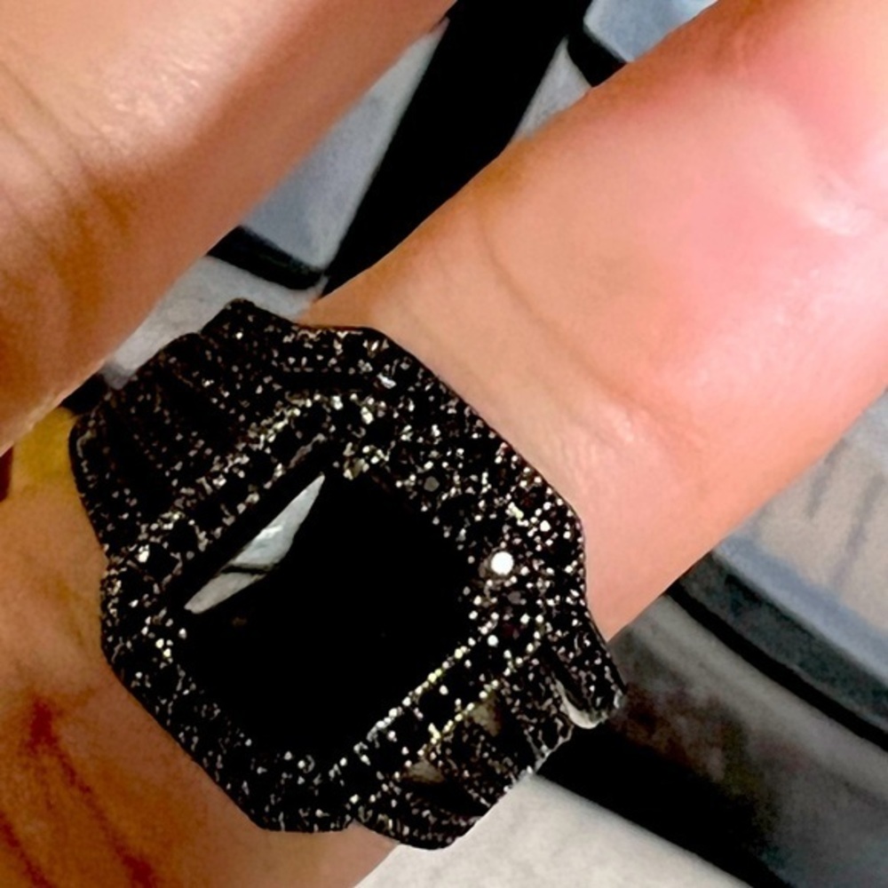 NEW 2PC/Set 3ct Princess Cut Black Sapphire Round Pave Engagement Ring